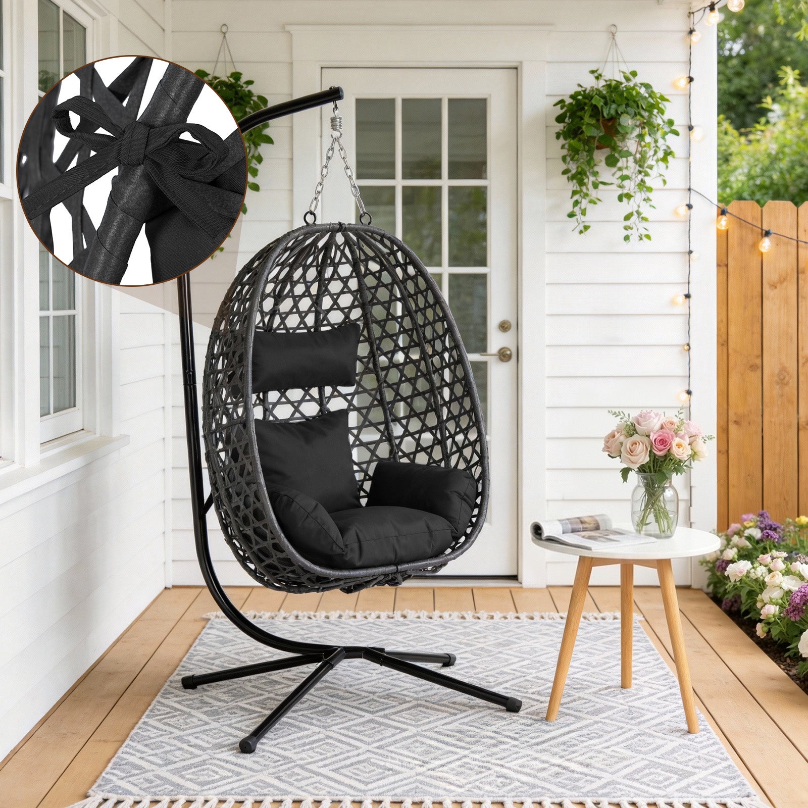 WOLTU Fauteuil Œuf Suspendu avec Support en Métal, Chaise Hamac Balançoire en Rotin PE, Coussin de Siège et Appui-tête, Noir - 5