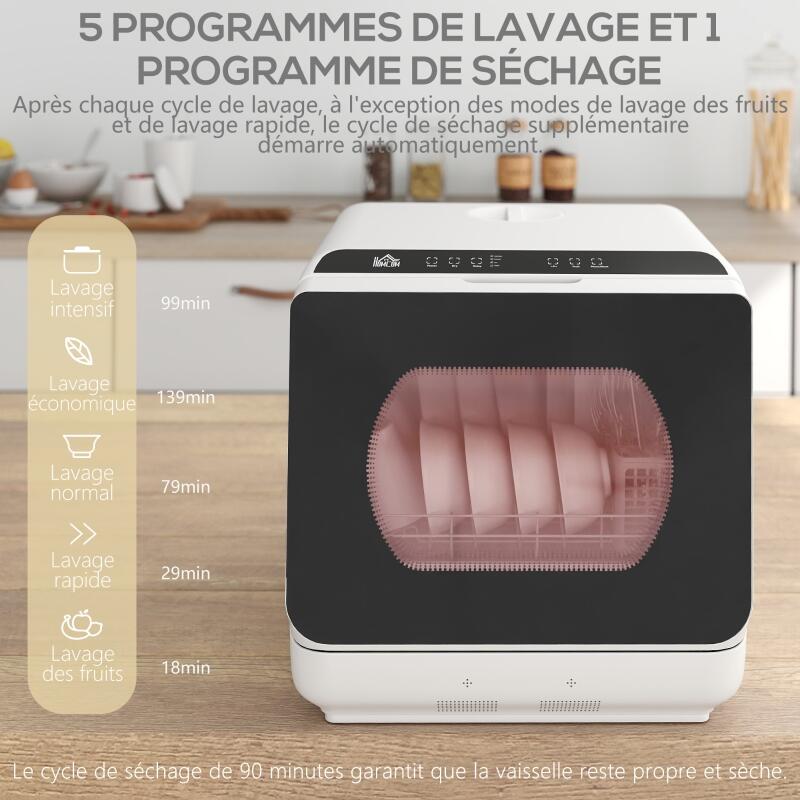 Mini lave-vaisselle 4 couverts 6 L 5 programmes 90 min séchage LED tactile compact 45x44x45,8 cm ABS polypropylène blanc - 6
