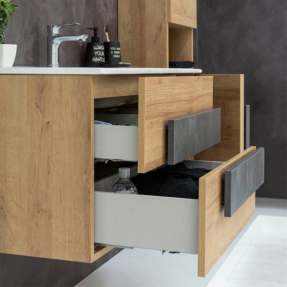 Armoire de toilette suspendue moderne en bois de chêne 100x47 cm avec miroir rond - 3