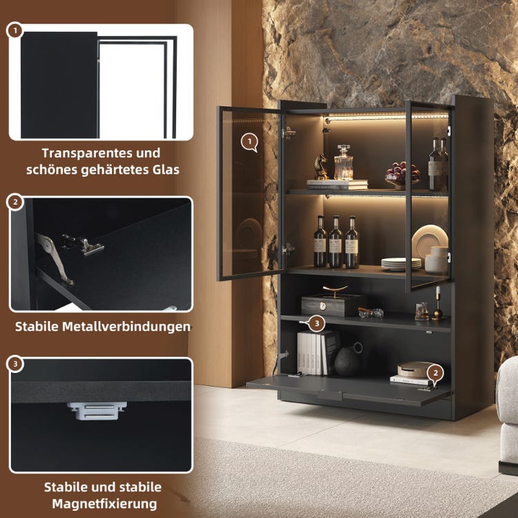 Vitrine LED 120 cm Noir Mat avec Éclairage 16 Couleurs, Armoire en Verre Moderne avec Portes Battantes et Rangements Spacieux - 5