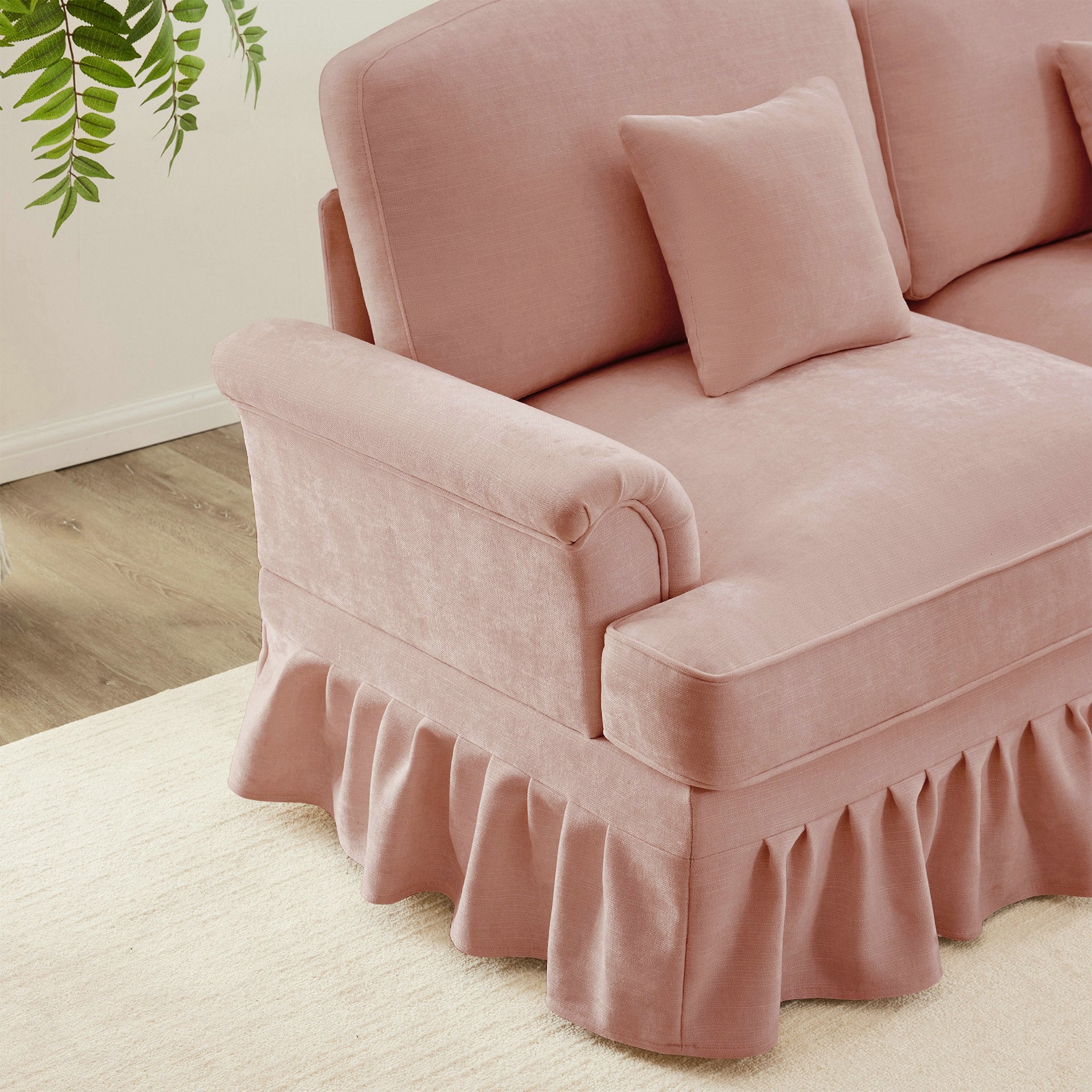 Élégant canapé d\'angle 2 places style Mid-Century - avec accoudoirs évasés - jupe à volants amovible - en chenille confortable rose - 3