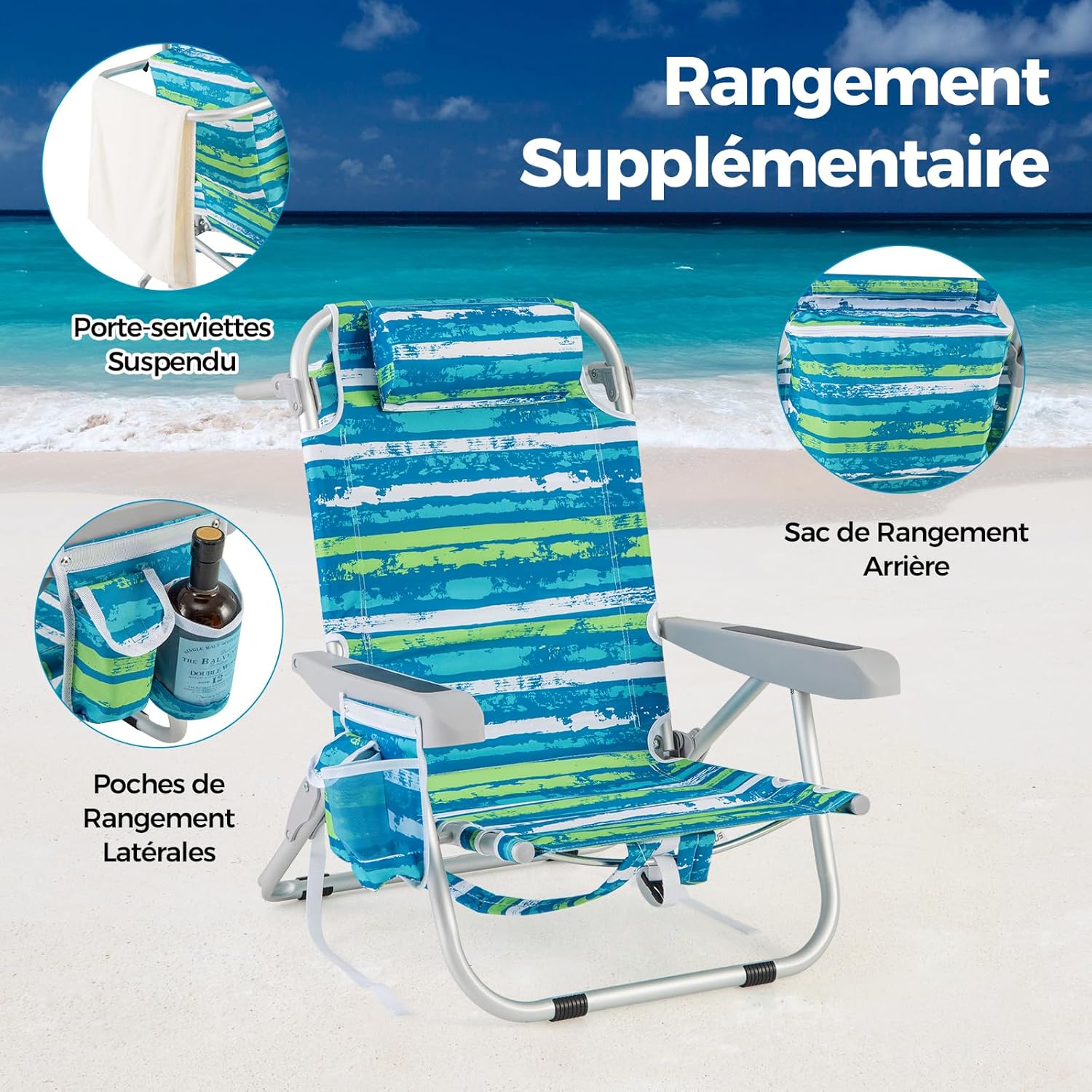 Chaise Plage Pliant pour Adulte, Camping Légère Portable en Alu., Dossier Réglable 5 Positions,Sac Rangement, Porte-Serviettes,à Plat,Charge 150KG - 7