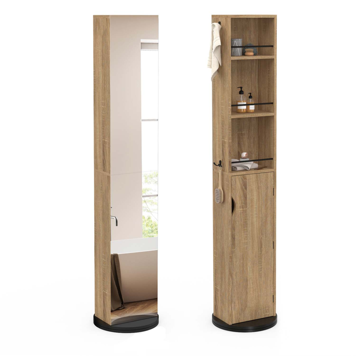 Meuble colonne pivotante de salle de bain avec miroir, placard et étagères hêtre et noir ELIA - 2