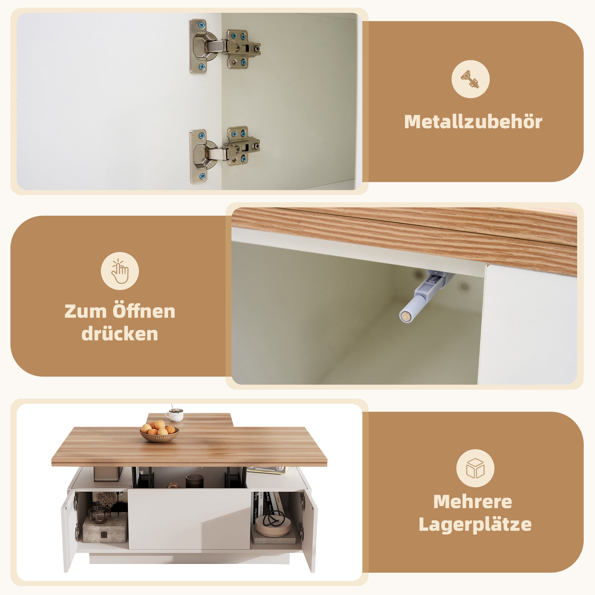 Stolik kawowy z 2 podnoszonymi blatami i 2 małymi drzwiczkami - 100 x 50 x 55,5 cm - Płyta wiórowa - Biały + naturalny - 5