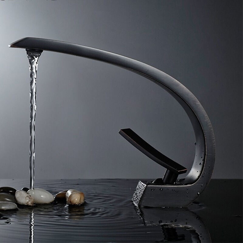 Rubinetto Lavabo Bagno A Cascata Moderno - Miscelatore Alto In Ottone Con Finitura Nero Opaco, Facile Installazione