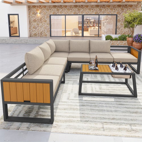 Sofá modular exterior ferro cinza, encostos/braços reclináveis, balde gelo, almofadas 10cm, jardim/varanda/piscina - 2