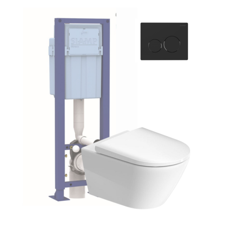 Pack inodoro suspendido sin reborde duravit d-neo + asiento + soporte siamp + placa negra