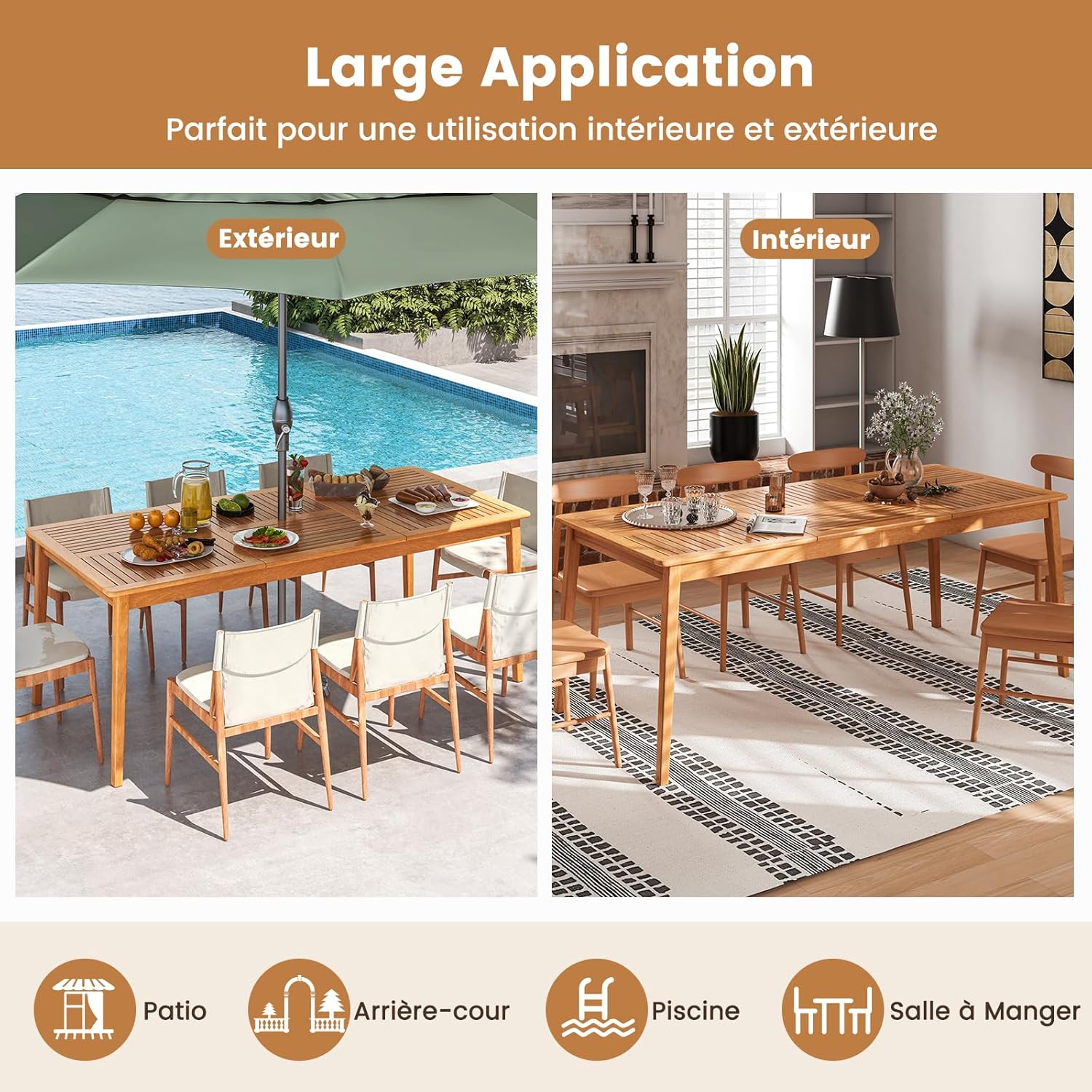 Table de Salle à Manger Extérieur en Bois d'Acacia-FSC 90x200CM pour 8 Personnes,Table Salon de Jardin avec Trou Parasol Intégré, Charge 160KG - 3