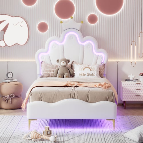 Łóżko pojedyncze 90x200 cm, łóżko księżniczki w kształcie korony, listwa świetlna LED ambient, PU, ​​białe - 2