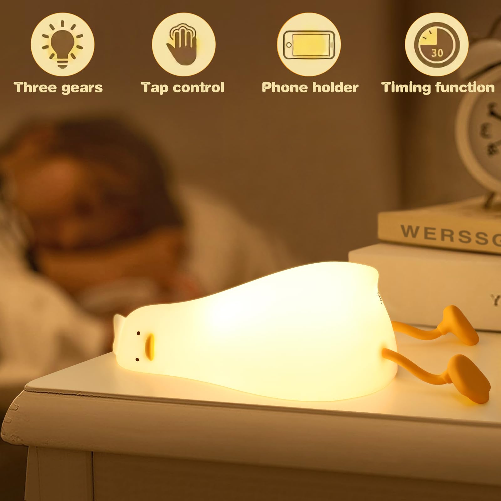 Lampada Notte Anatra LED In Silicone Ricaricabile - Touch Dimmerabile Con Timer 30' - Luce Noturna Bambini S5