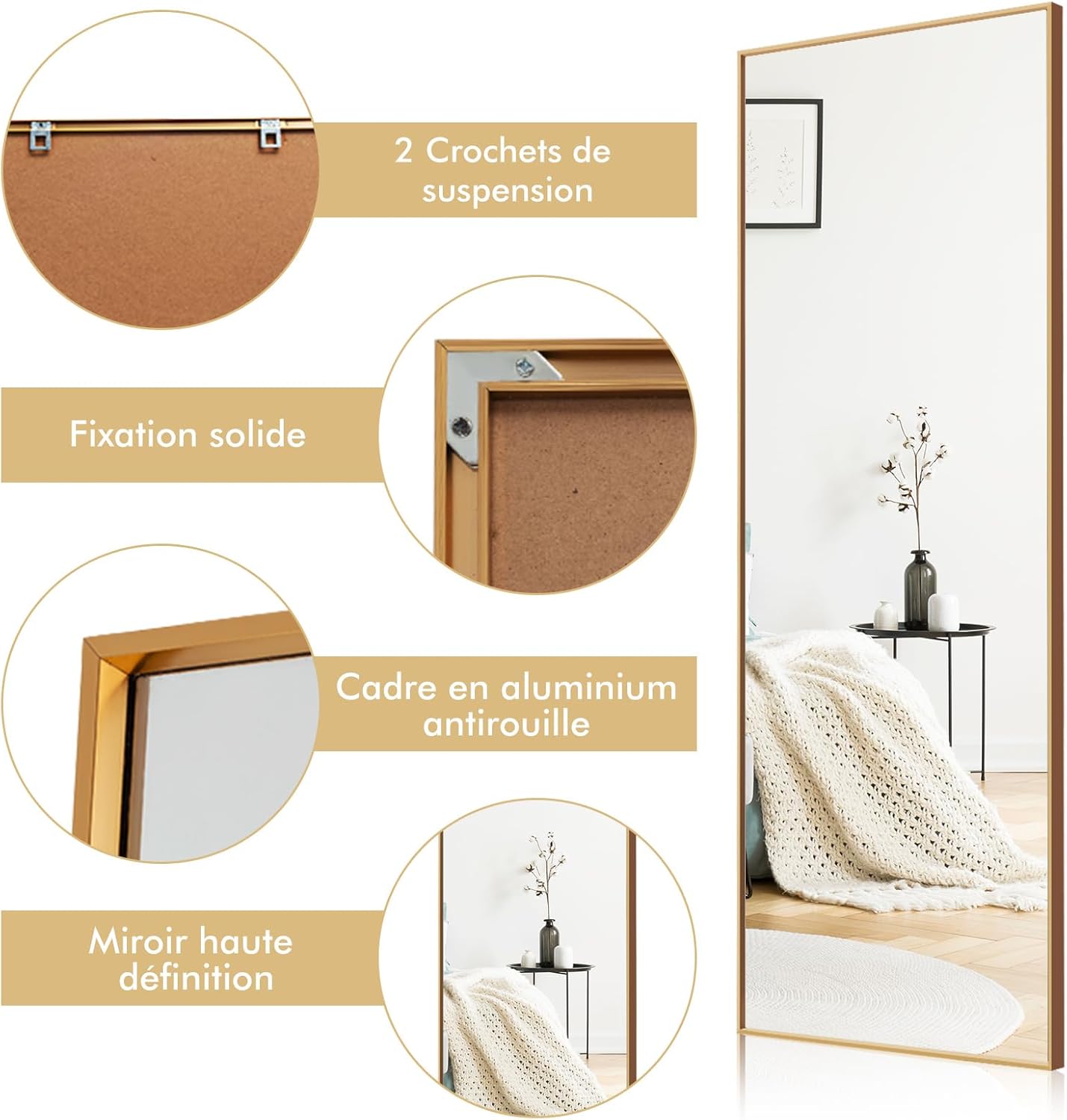 2 in 1 Specchio Lungo da Parete, Specchio a Figura Intera con Telaio Rettangolare in Alluminio e Vetro Antiesplosione, Specchio da Terra per I - 7