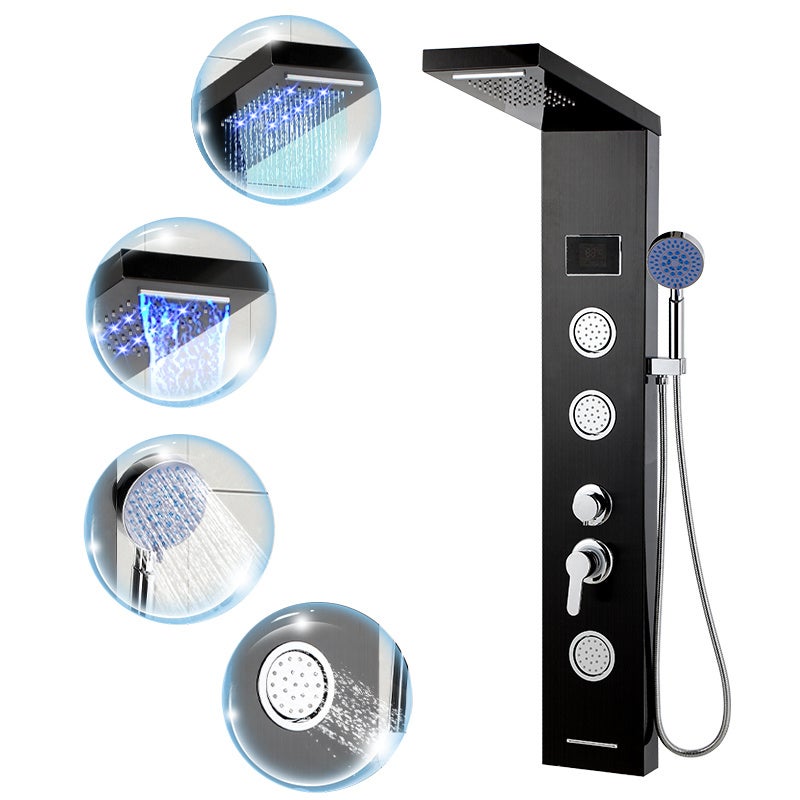 Panel de ducha led con teleducha y 6 chorros de masaje, negro