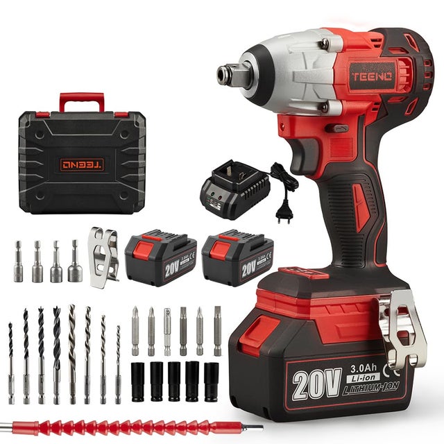 TEENO Brushless Clé à chocs, 20 V ,320Nm 3.0Ah 2 Batterie 25pcs Accessoires