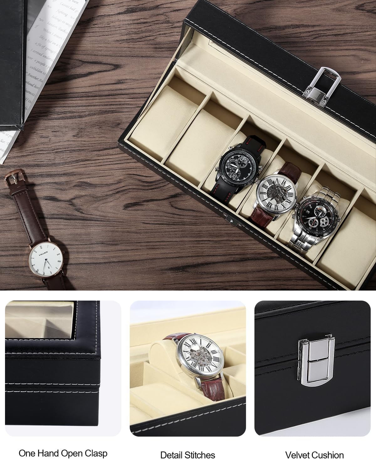 Boîte à Montres avec 6 Fentes, Écrin à Montres en PU, Étui de Collection de Montre, Rangement pour Organisateu Montres en Noir - 4