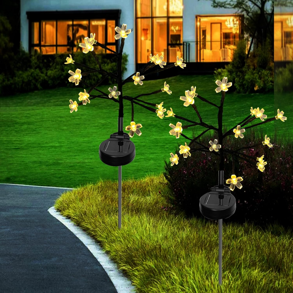 Zestaw 2 lamp solarnych do ogrodu zewnętrznego - 16 LED - Symulacje Lampy ogrodowej z kwiatami wiśni Dekoracja na taras - Ciepła biel