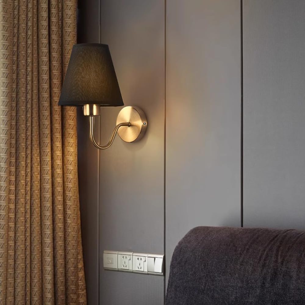 Stylowy kinkiet, elegancka i prosta lampa ścienna (żarówki nie są dołączone), abażur z materiału, gniazdo E27, kinkiety do pokoi hotelowych (czarne)