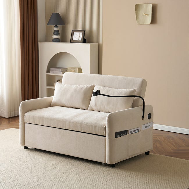 Divano letto 2 posti con porta USB, tavolino nascosto e portabicchieri - 140,5 x 74 x 82 cm - Tessuto flanella - Schienale regolabile - Beige | Leroy Merlin Divano letto 2 posti con porta USB, tavolino nascosto e portabicchieri - 140,5 x 74 x 82 cm - Tessuto flanella - Schienale regolabile - Beige | Leroy Merlin