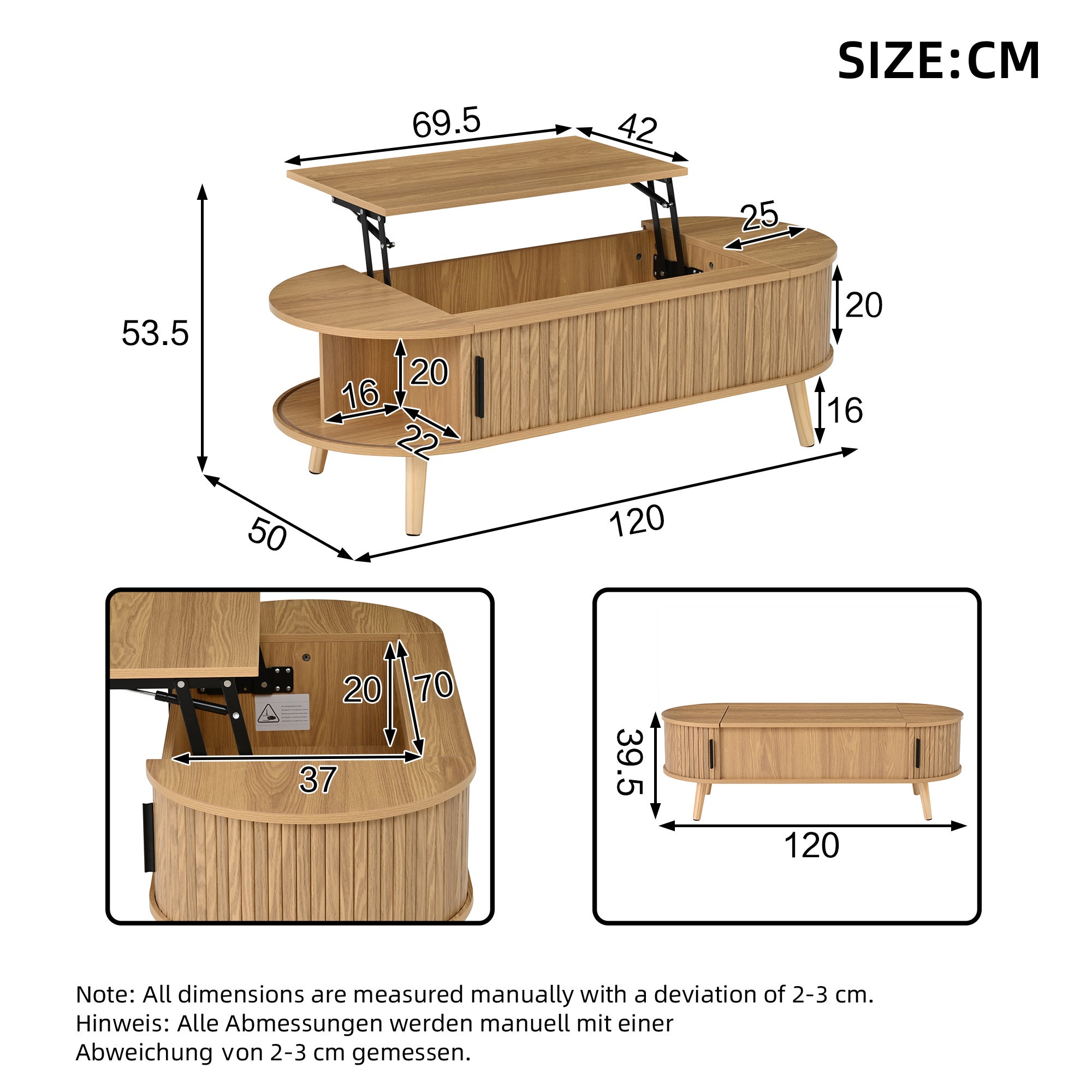 Stolik kawowy z podnoszonym blatem i 4 otwartymi półkami - 120 x 50 x 39,5 cm - MDF - do salonu - Naturalny - 9