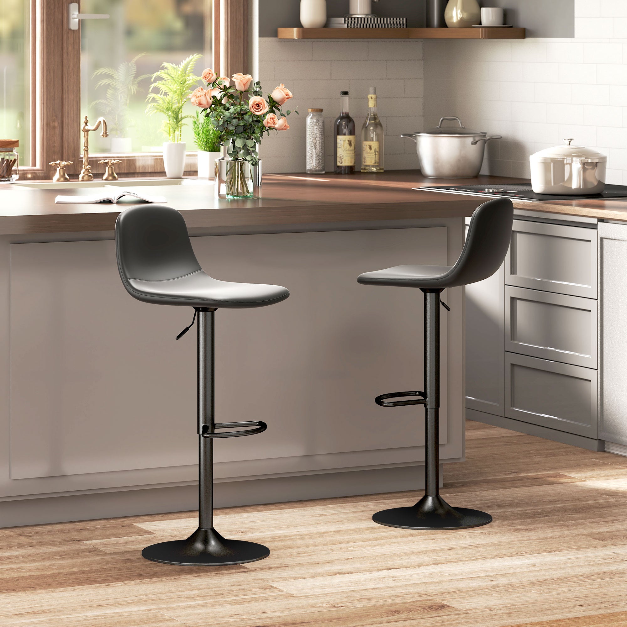 HOMCOM Set 2 Sgabelli da Bar con Schienale e Poggiapiedi, Altezza Regolabile, Pelle PU e Imbottitura, Nero - 2