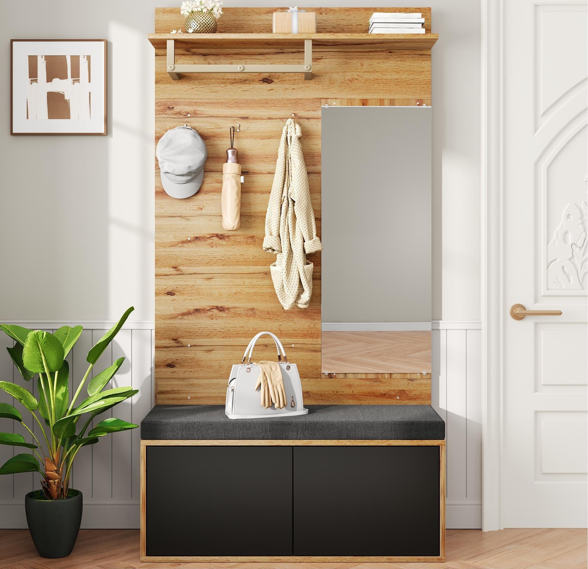 Zestaw szafek do przedpokoju 100 x 38 x 190 cm - Z lustrem i wieszakami - Z szafką na buty i ławką na buty - Naturalny + czarny