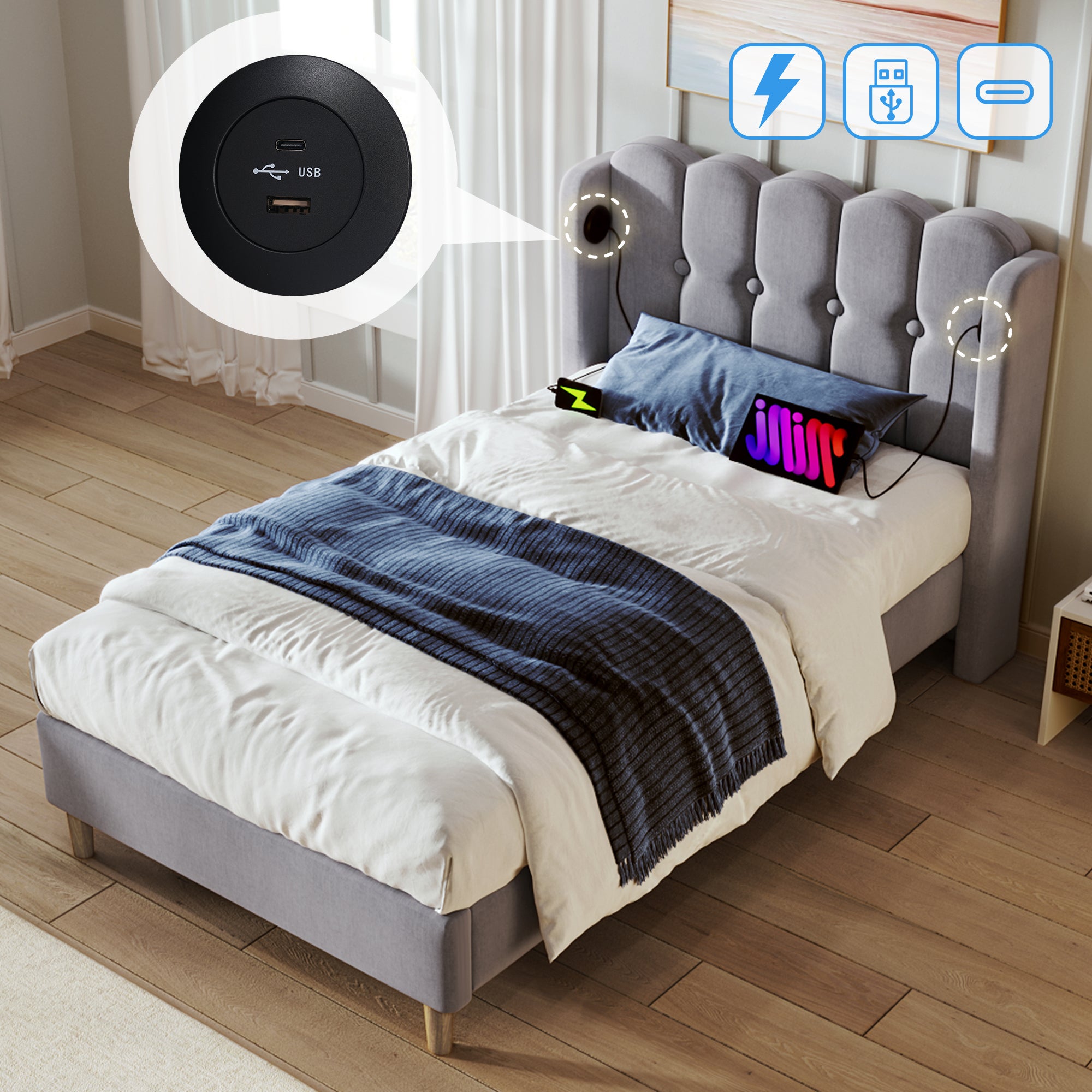 Łóżko tapicerowane 90 x 200 cm dla dzieci lub dorosłych - USB + typ C - tkanina lniana - szare