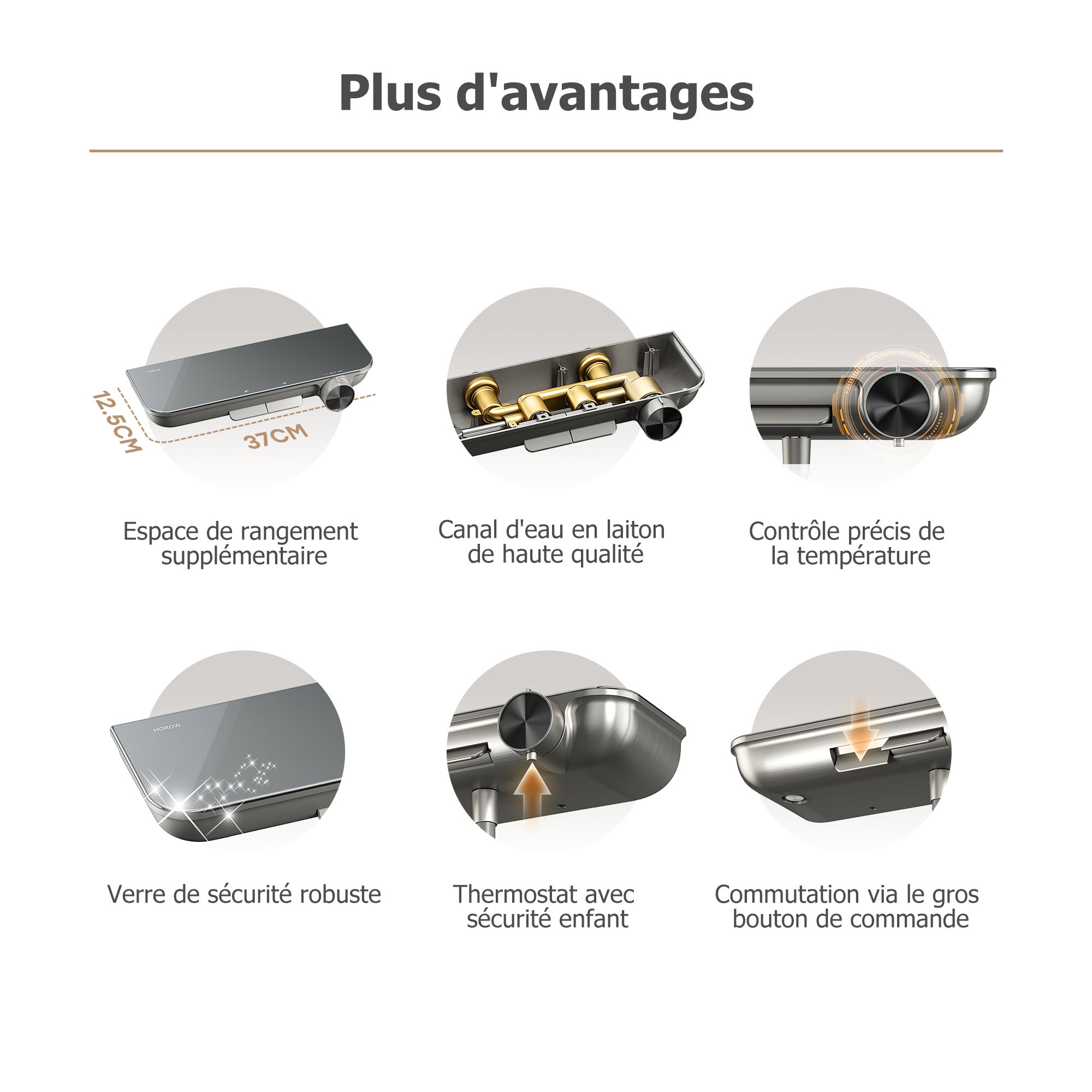 HOROW Ensemble de douche à effet pluie gris, avec Robinetterie Thermostatique, 4 modes de massage, pliable, réglable en hauteur - 3