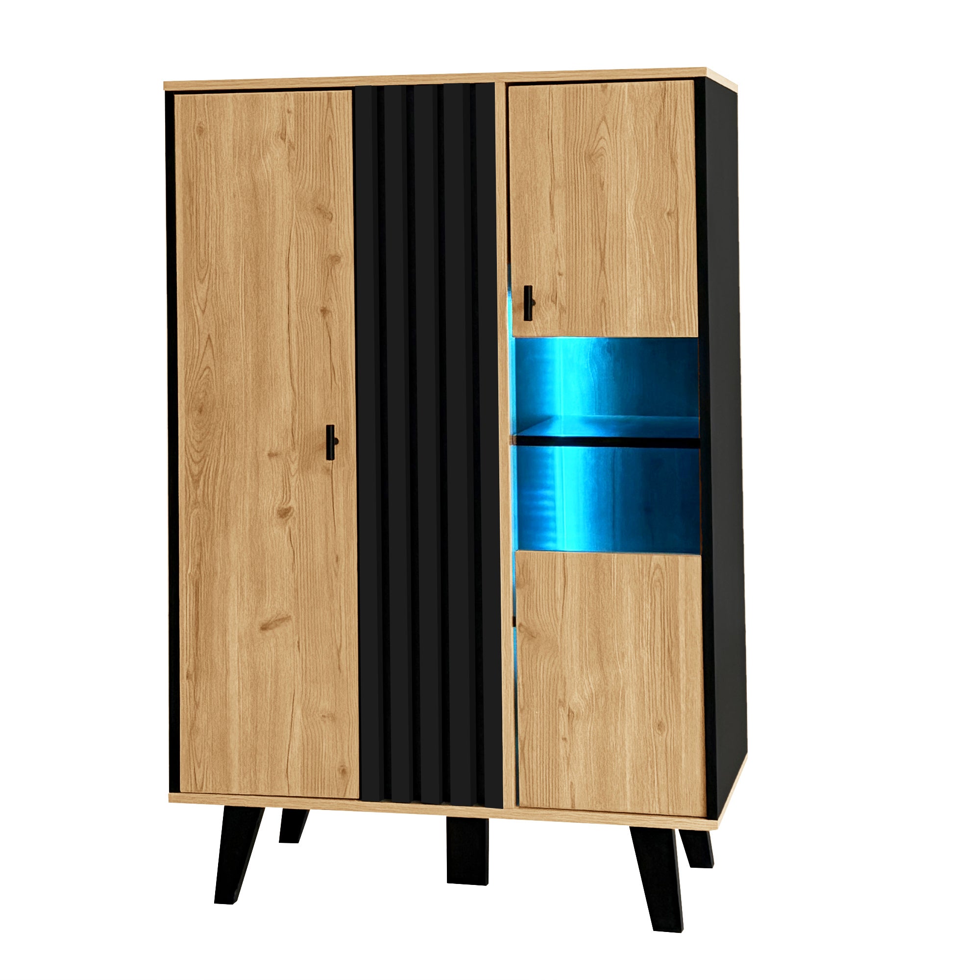 Buffet, Grande Vitrine Armoire 80x120x40 cm avec Éclairage LED, 3 Étagères et Portes Vitrées, Rangement Polyvalent - Noir et Bois - 4