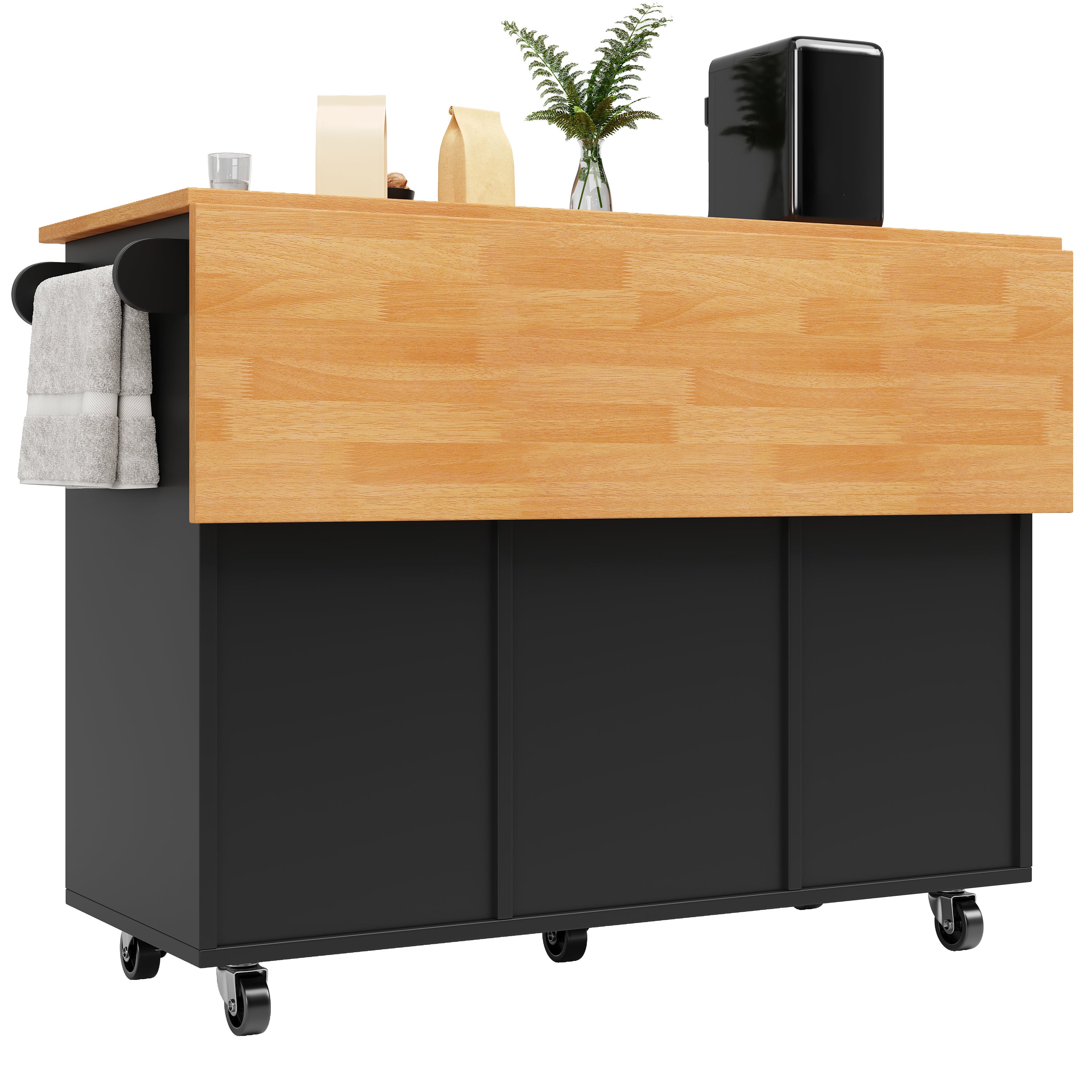 Ilot central de cuisine mobile - Plateau extensible - 8 tiroirs et 1 porte - Avec étagère à épices - MDF - Noir - 7