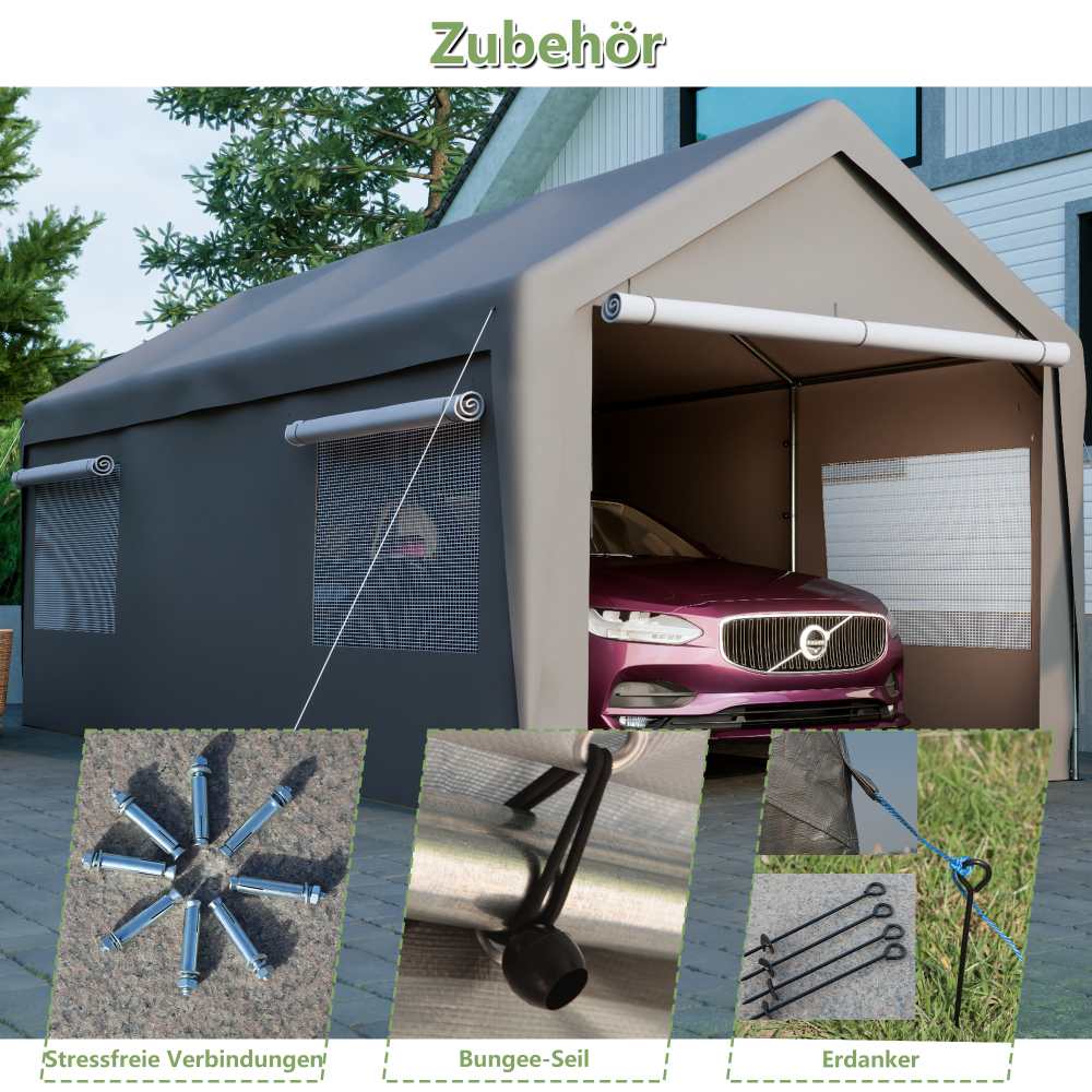 Tente Garage Carport 3x6m - Gris, Fenêtres Coulissantes, Murs et Toit Amovibles - 7