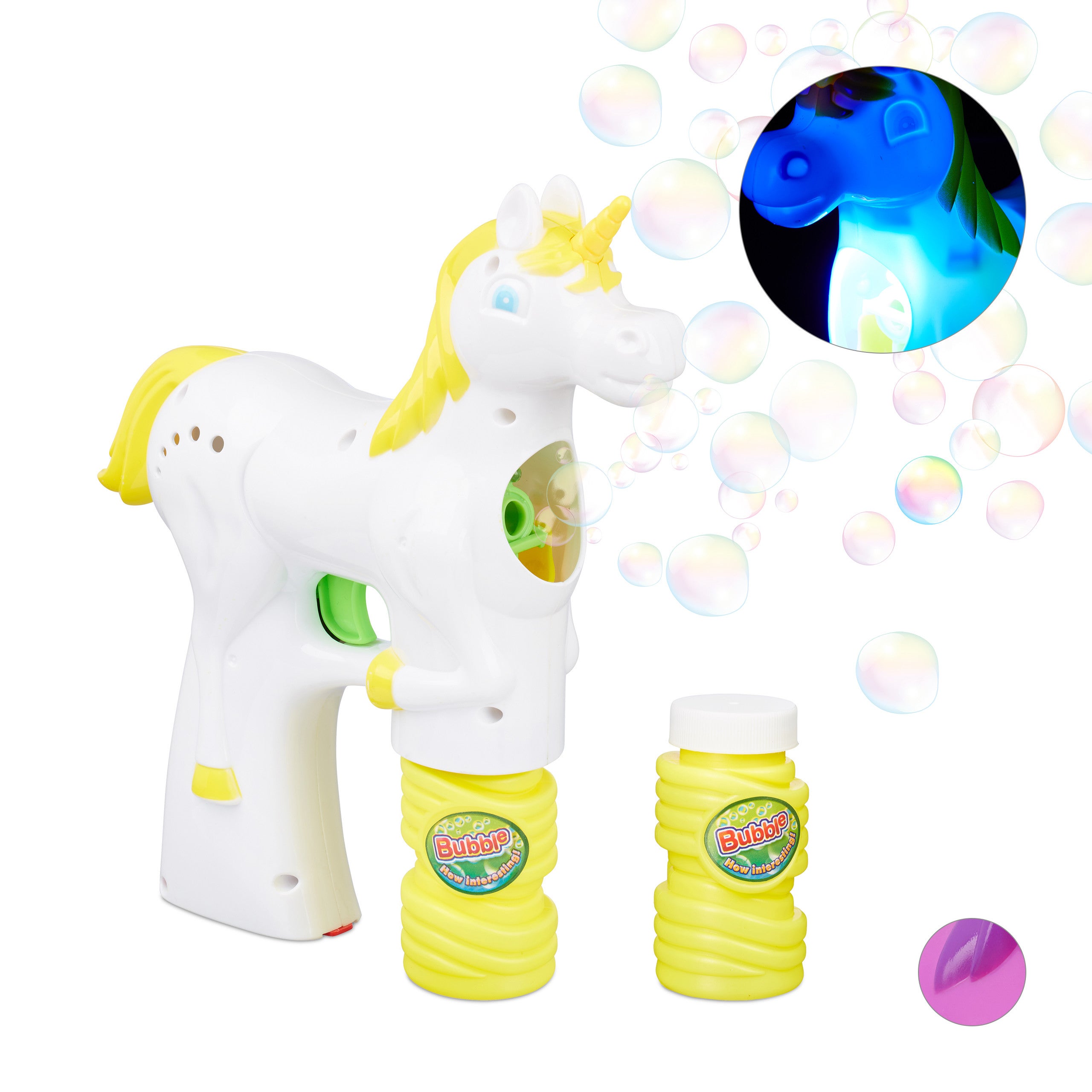 Relaxdays Pistola De Burbujas Unicornio Con LED Azul Y 2 Botes De Jabón De 50 Ml, Juguete A Pilas Para Cumpleaños, Bodas Y Festivales, Color Fucsia