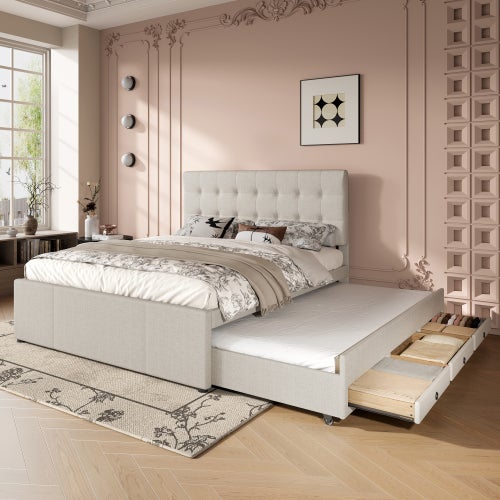 Cama tapizada 140x200 cm, cama doble con 3 cajones, extensible, beige