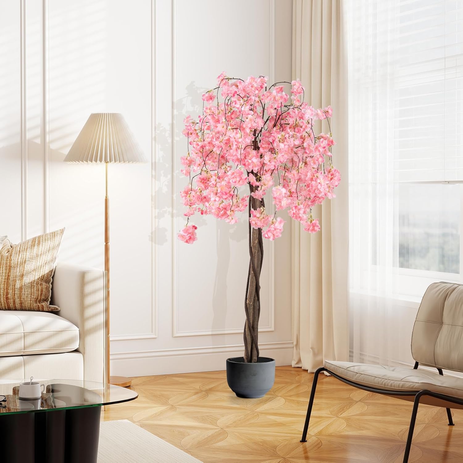 Homescapes, orchidea artificiale rosa e bianca in vaso di 38 m di altezza, realistica pianta di orchidea in ceramica grigia, con fiori di seta e foglie verdi, per decorazione di interni