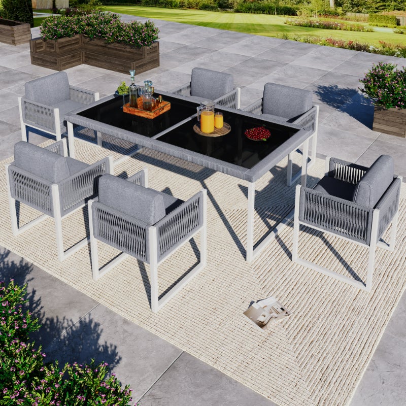 Juego de comedor de exterior para 6 personas, mesa con cristal templado, sillas de cuerda con cojín extraíble y lavable - 2