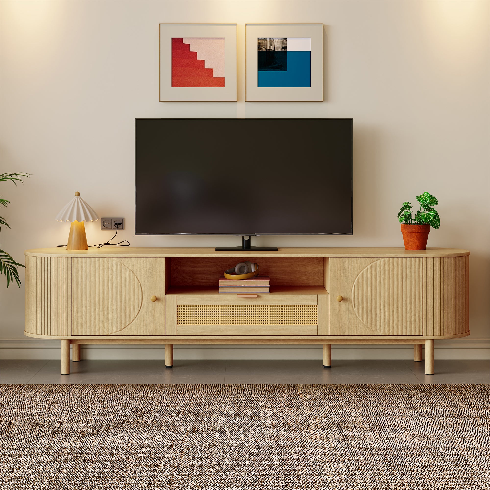Meuble TV bas 175x36x51 cm couleur boir, Meuble tele avec tiroirs et pieds métal, Plateau arrondi et 5 rangements - 3
