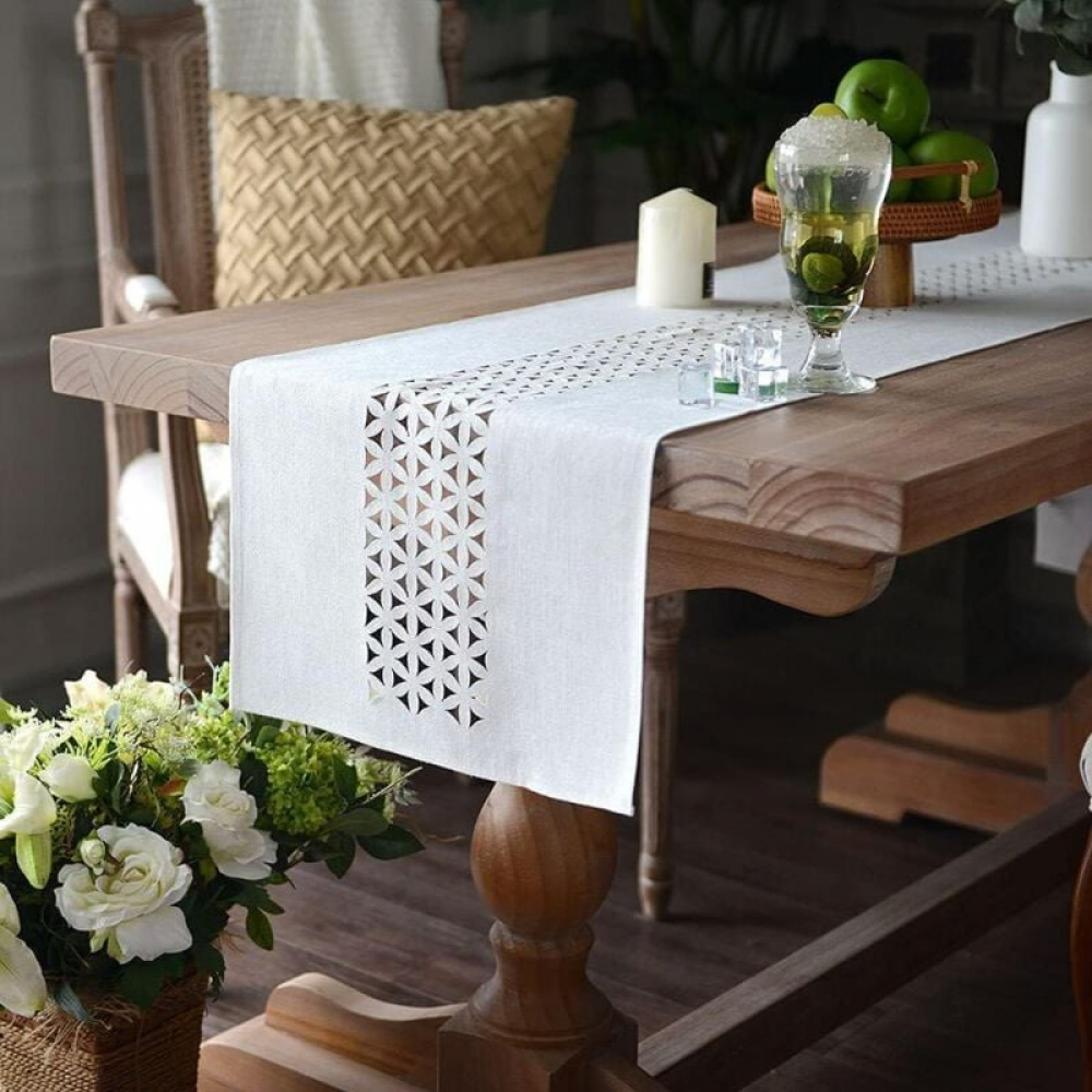 Wracra Runner da tavola in Lino e Cotone con Ricamo, Runner da Tavolo caffè da Esterno per Interni in Stile casalingo 90cm per Decorazioni di Cucina per Sala da Pranzo di Partito