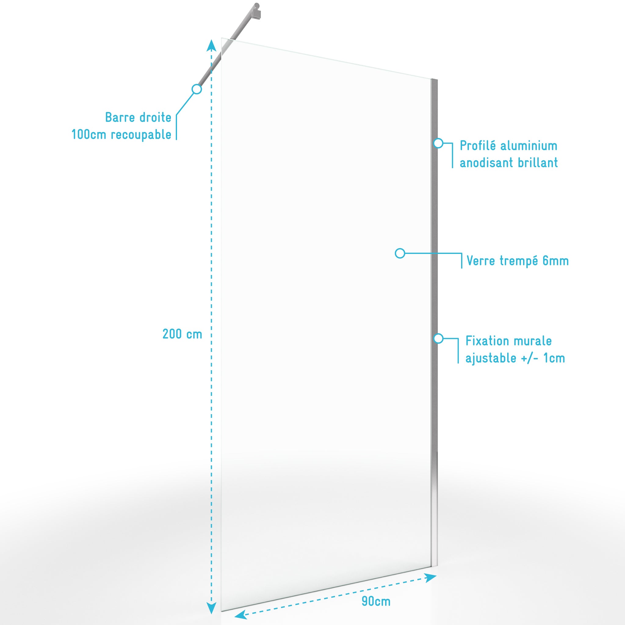 Pack mampara ras de suelo 90x200 cm vidrio 6 mm + barra - 4