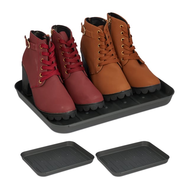 Relaxdays Vassoio Poggiascarpe, Set da 3 Vaschette Poggia Scarpe Bagnate, HLP: 3x35x27 cm, Tappetino in Plastica, Grigio