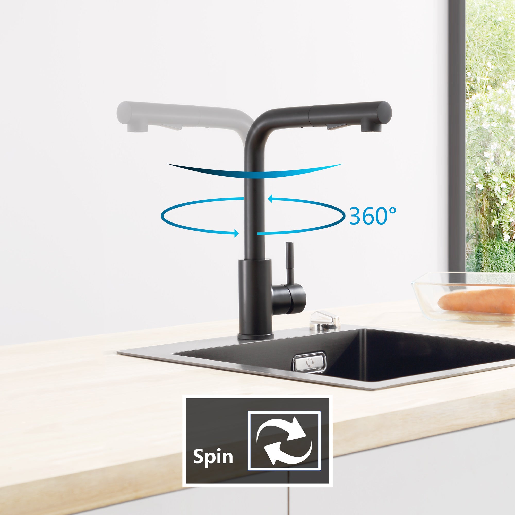 Cecipa max 45x45cm Evier Quartz Noir Evier 1 Bac en Quartz et Résine + Noir Mitigeur Cuisine avec Douchette Extractible 2 Modes de pulvérisat - 9