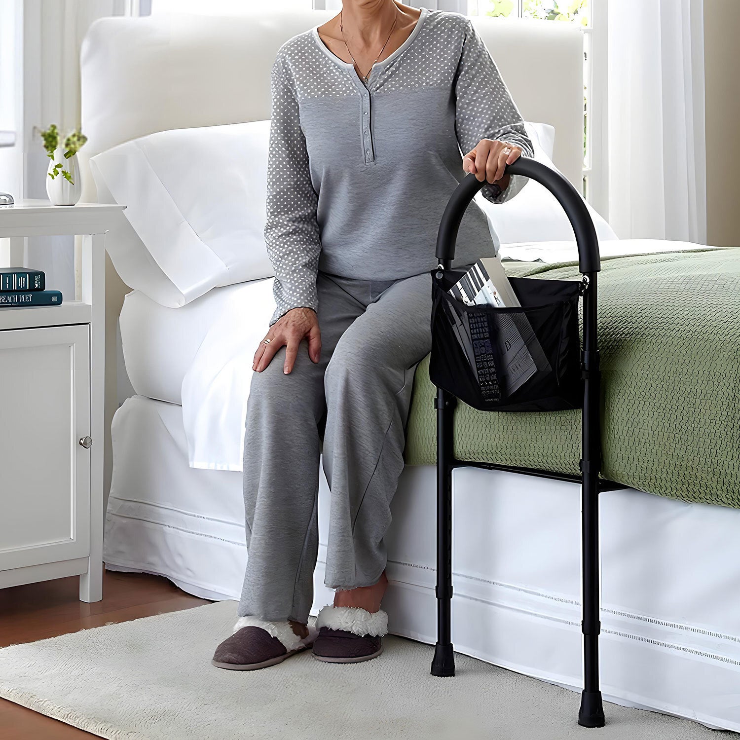 Barreira de cama para adultos com bolsa de arrumação - Barra de apoio ajustável e cinta de segurança - Ideal para idosos - 7