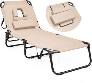 Transat Jardin Extérieur/Chaise Longue Pliante Réglable en 5 Positions, Bain de Soleil avec Trou pour Visage, 3 Coussins Amovibles, Charge 160 KG