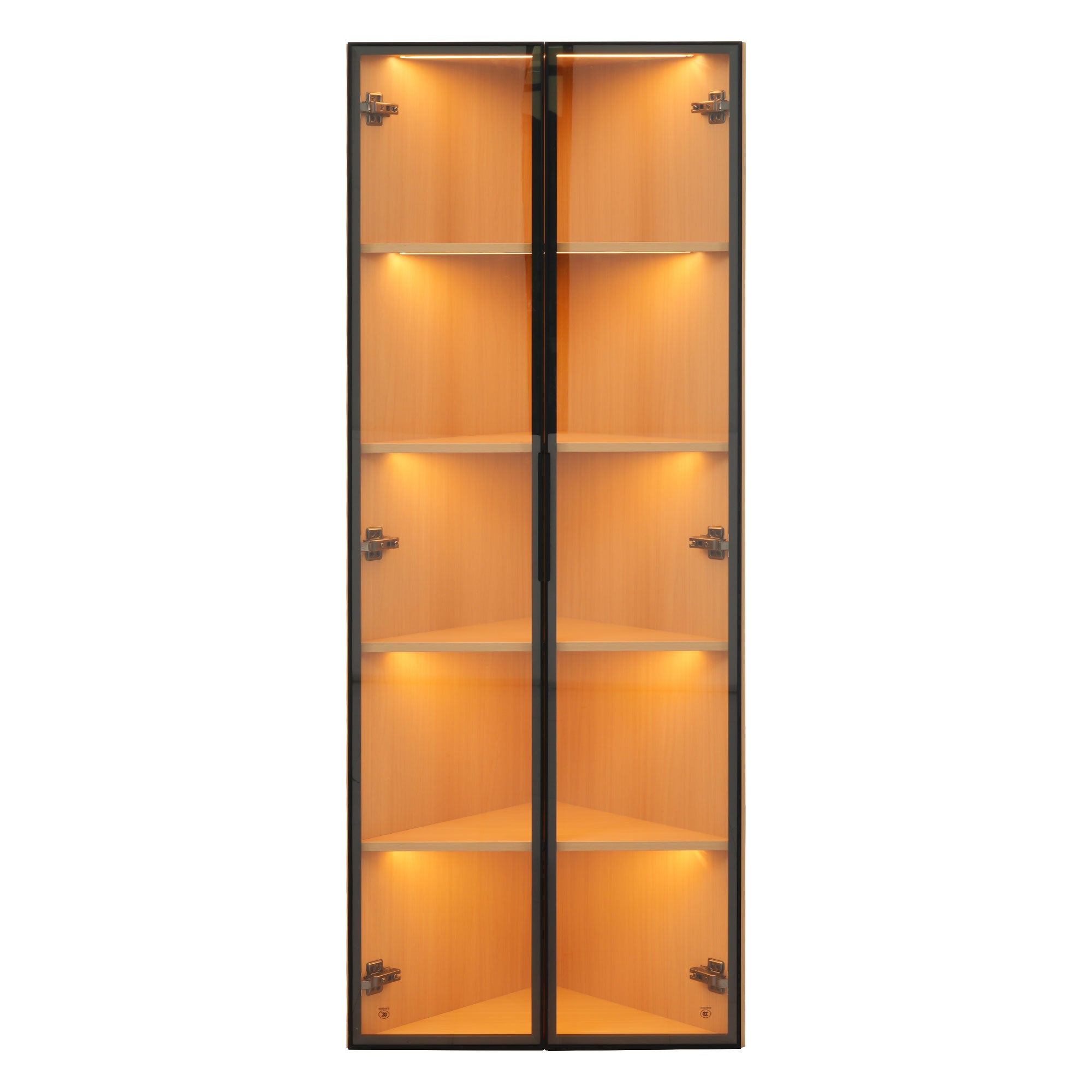 Vitrine d'angle avec 2 portes anti-poussière en verre - 60 x 35 x 160 cm - MDF - 5 étagères - LEDs - Chêne - 6