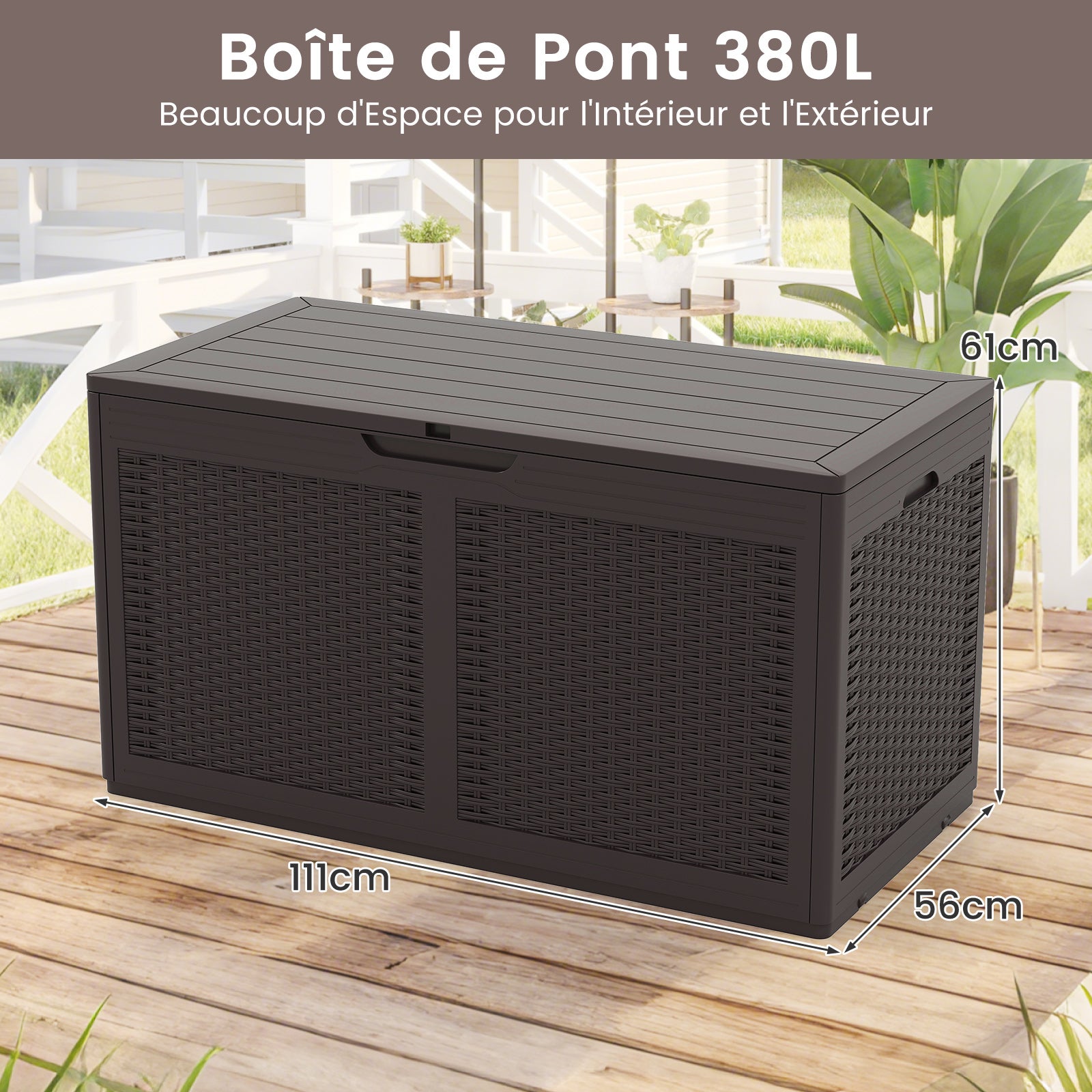 Coffre de Terrasse en Résine 380 L, Banc de Rangement Étanche d'Extérieur avec Couvercle Verrouillable et Roues pour Outils de Jardin, Marron - 2