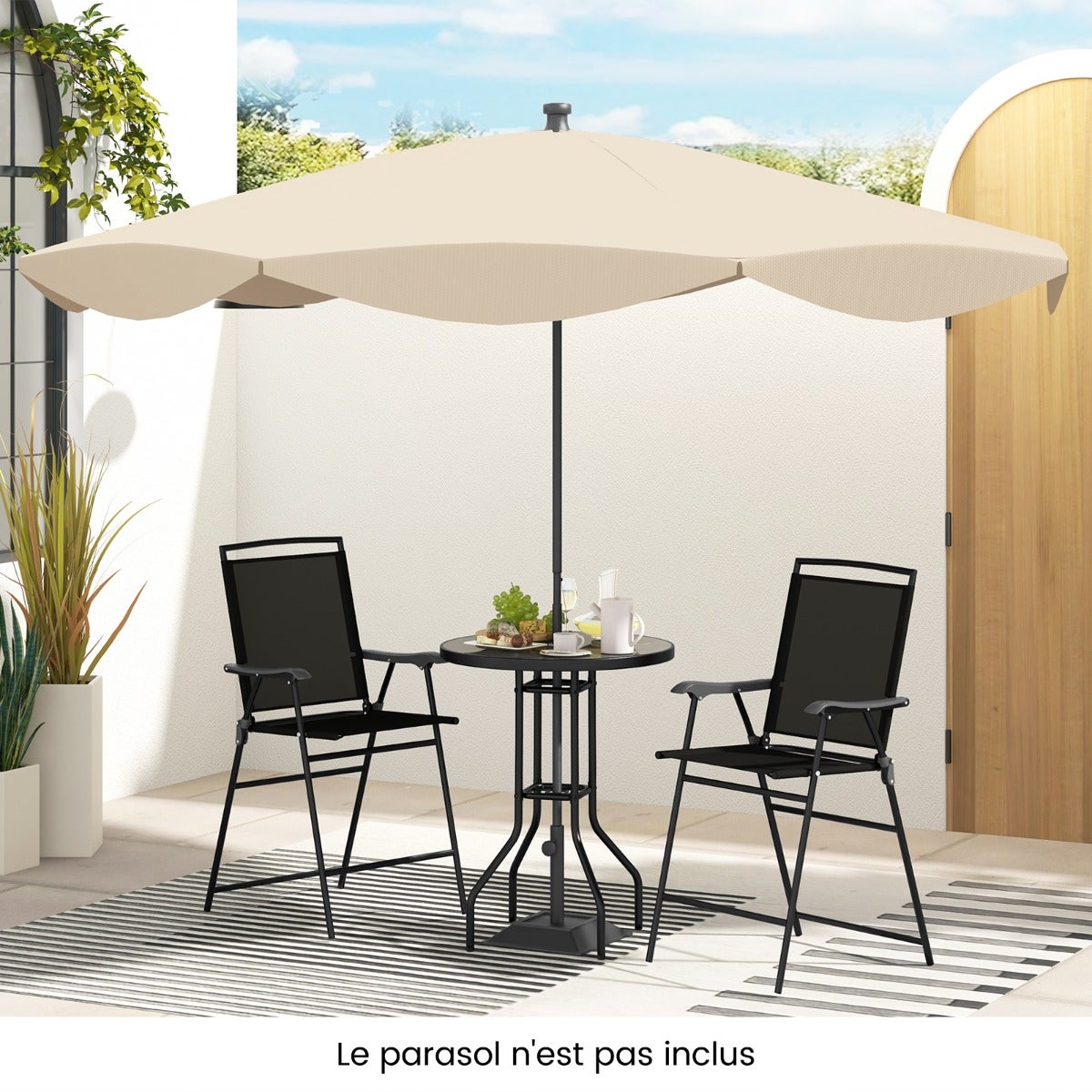 Ensemble Salon De Jardin 3 Pièces – 2 Chaises + Table Bistrot – Verre Trempé, Métal, Textilène – Noir