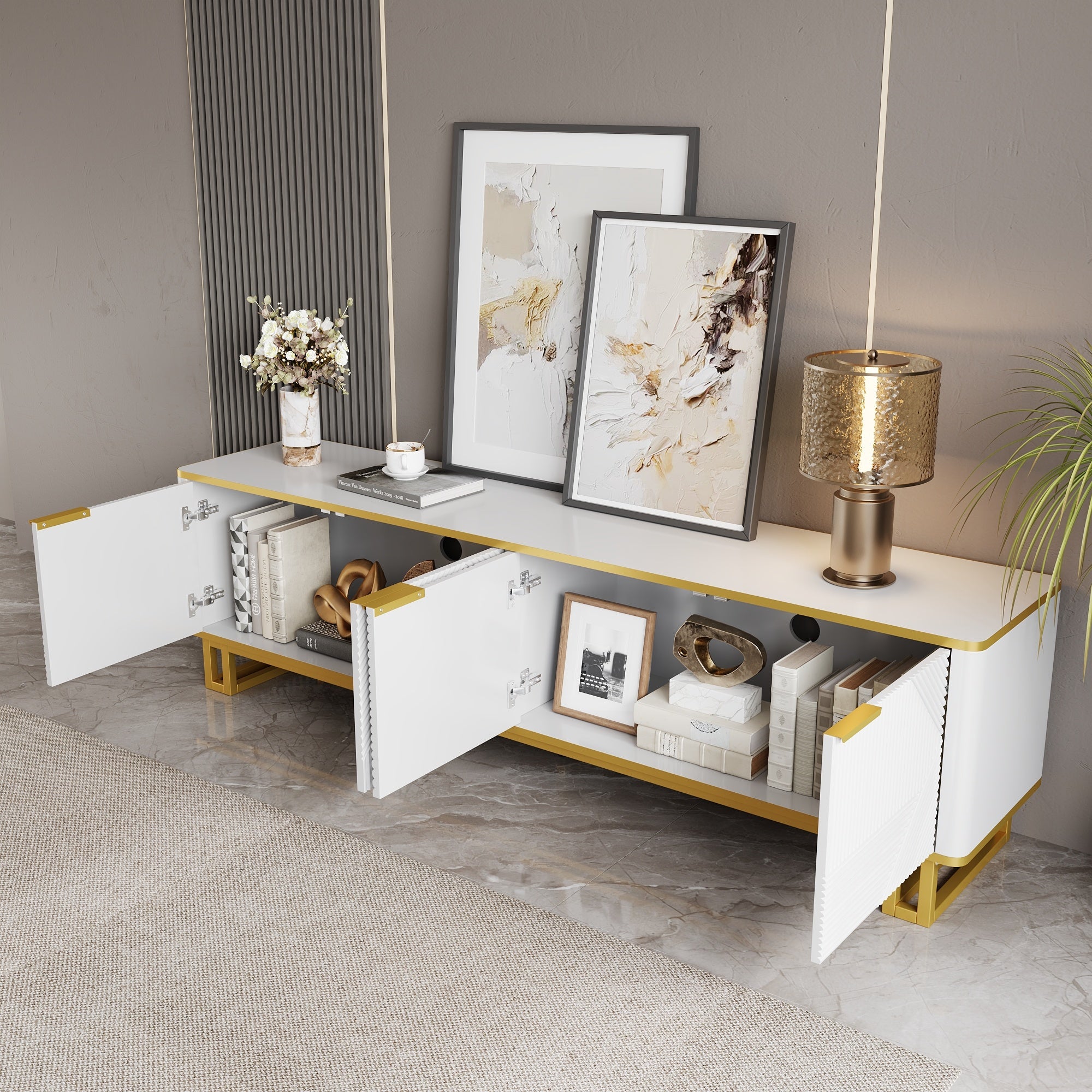 Nowoczesna szafka RTV 160 x 37,5 x 48 cm - Z 4 drzwiami - Żelazna rama - Geometryczna faktura - Płyta MDF - Biały + Złoty - 6
