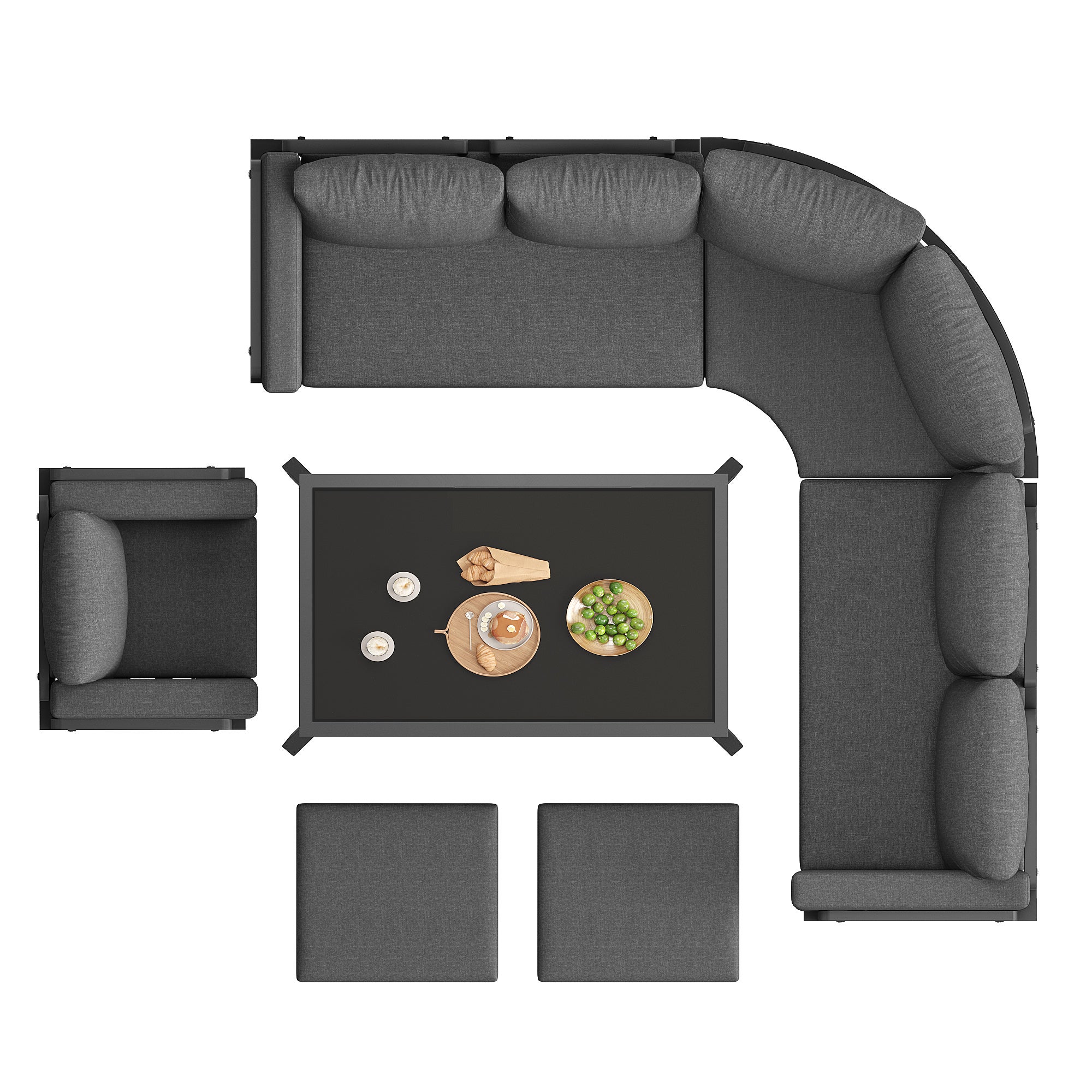 Conjunto Jardín Exterior en Forma de Media Luna para 8 Plazas / Estructura robusta de Hierro+Cojines / Mesa de Cristal+ 1 Sillón+ 2 Taburetes - Gris - 3