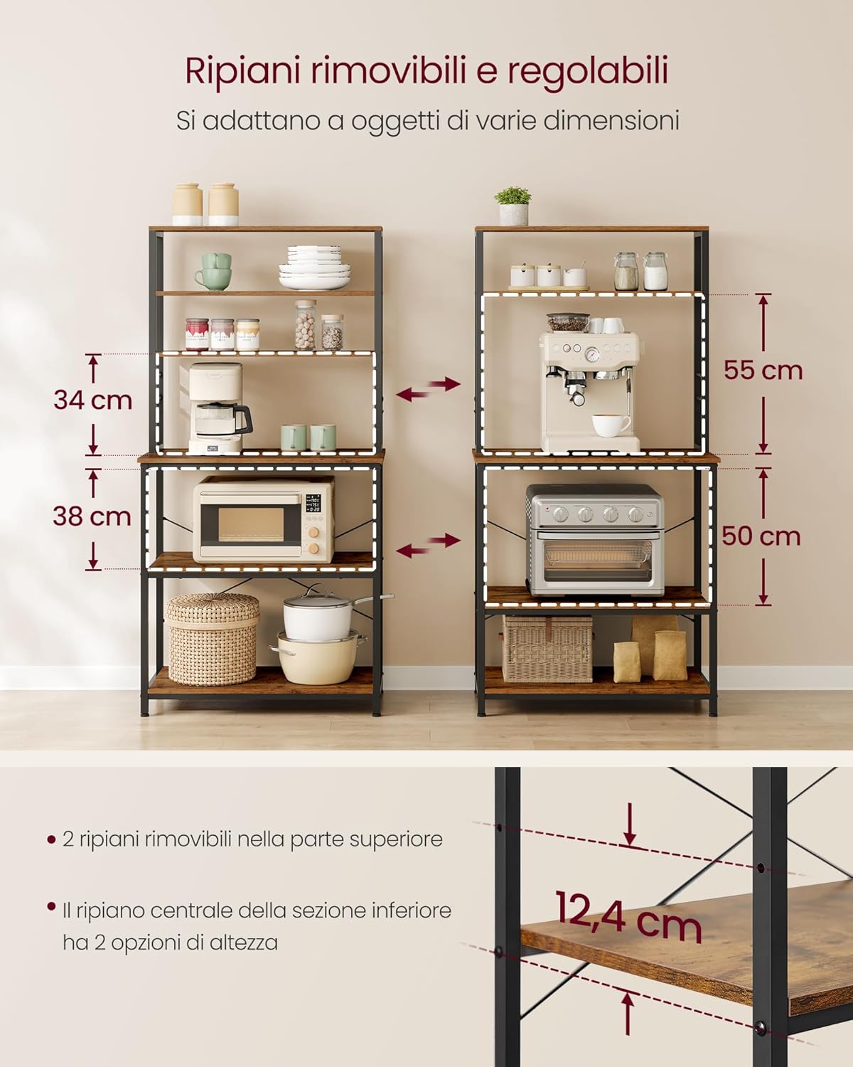 Scaffale Cucina, Supporto per Microonde, 6 Ripiani, 6 Ganci, Acciaio, Industriale, 40 x 80 x 167 cm, Marrone e Nero - 5