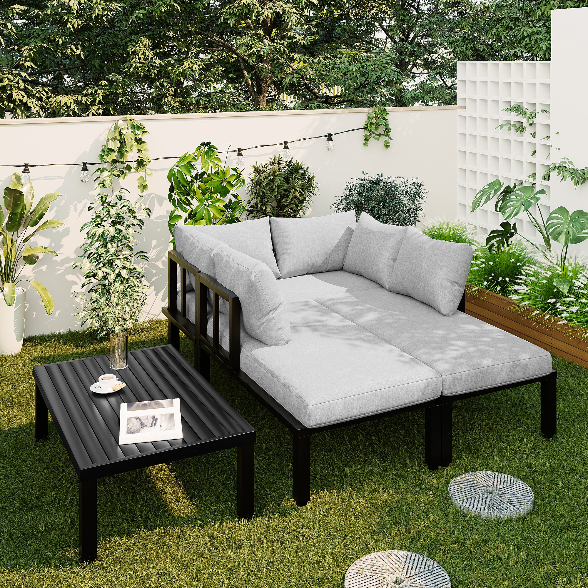 Salon de jardin modulable 6 places en acier galvanisé : canapé d'angle + méridienne + table basse rectanguleire - Gris - 2