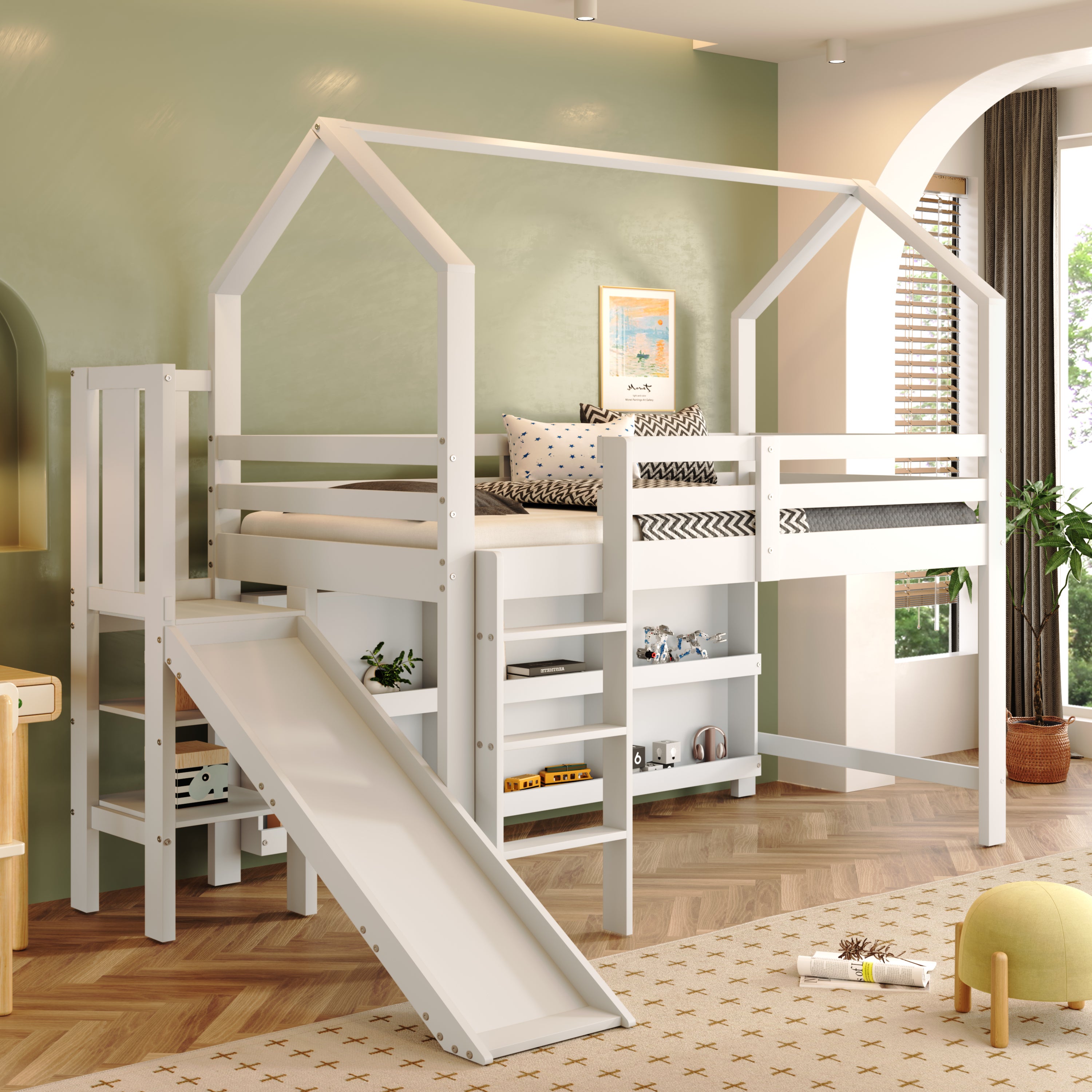 Merax  Cama Alta 90 X 200 Cm Con Tobogán, Escalera, Almacenaje Y Balda, Madera Maciza + Mdf, (Colchón No Incluido) Blanco , Leroy Merlin