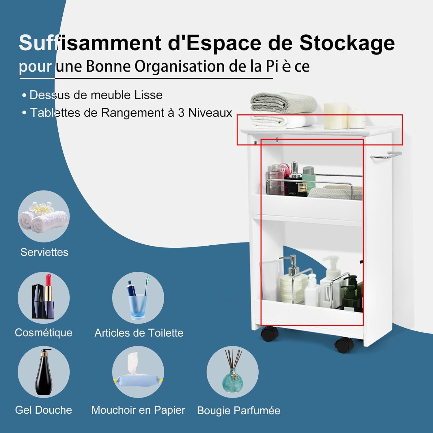 Chariot De Salle De Bain, Chariot De Rangement à 3 Niveaux Sur Roulettes 20 X 30 X 80 Cm Blanc