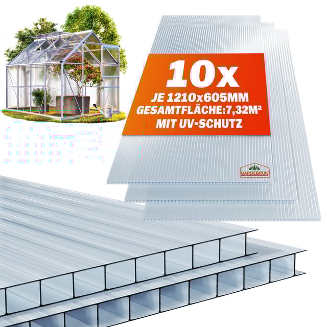GARDEBRUK® 10x Plaques de polycarbonate creux 6mm 121x60,5cm découpe 7,3m² résistant aux UV plaques à double paroi serre de jardin plaque alvéolaire